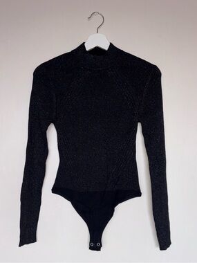 Dynamite Black Glitter Mock Neck Open-back Long-Sleeve Bodysuit
